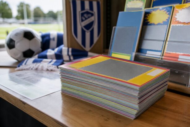 Bunt med skraplotter på ett träbord i en idrottsförenings kiosk, med fotboll och halsduk i bakgrunden