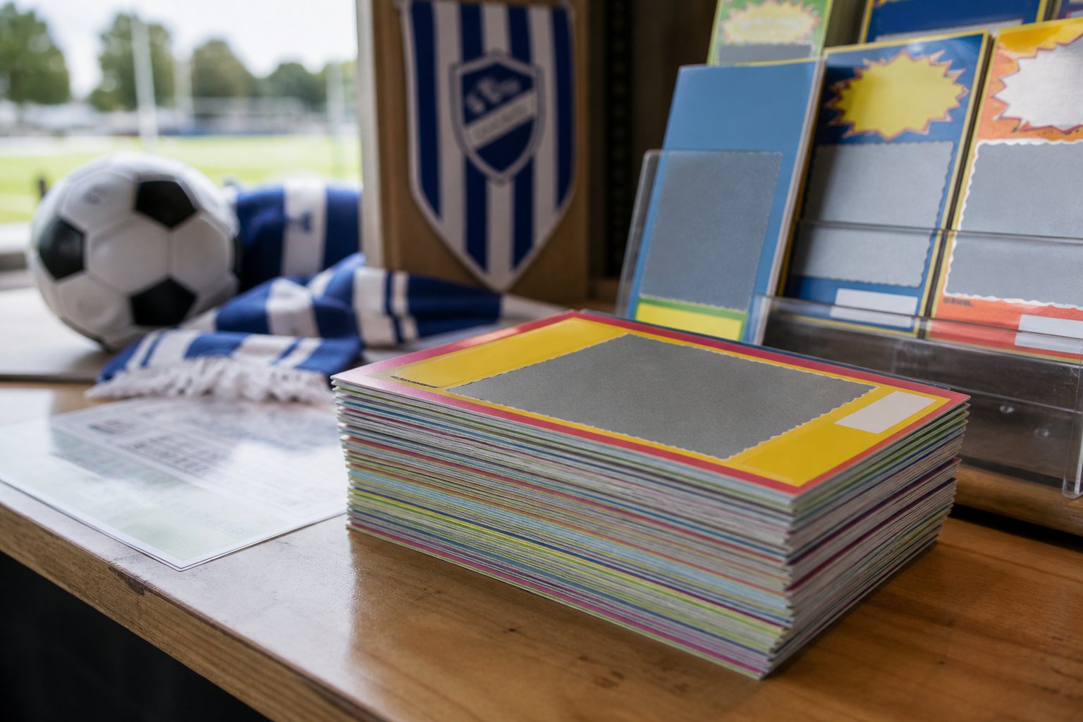 Bunt med skraplotter på ett träbord i en idrottsförenings kiosk, med fotboll och halsduk i bakgrunden
